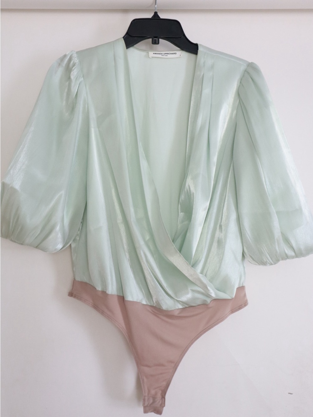 Amanda Uprichard Mint Green Satin Wrap Bodysuit